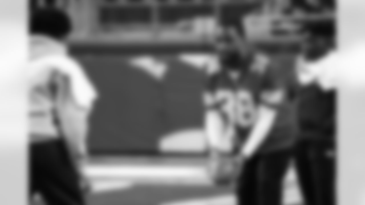 Lions Legend Ross Weaver participating in a drill during the Inspire Change Football Clinic at Ford Field on Dec. 9, 2025 in Detroit. (Izzy Rincon/Detroit Lions)