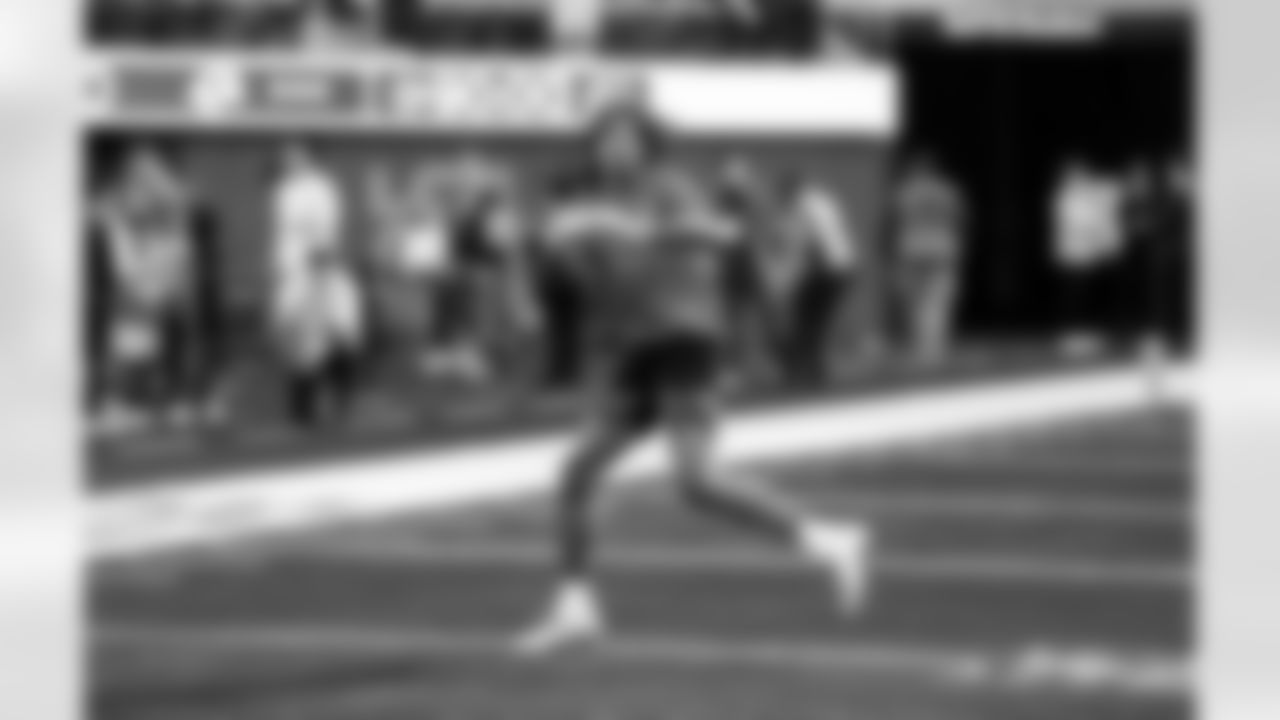 Detroit Lions wide receiver Jameson Williams (1) before an NFL football game against the Los Angeles Rams on Sunday, Dec. 14, 2025 in Inglewood, Calif. (Jeff Nguyen/Detroit Lions via AP)
