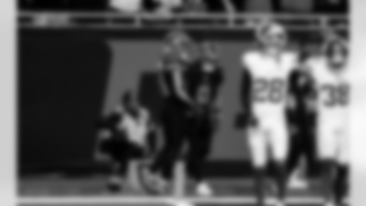 Detroit Lions wide receiver Amon-Ra St. Brown (14) and Detroit Lions running back Jahmyr Gibbs (0) during an NFL football game against the New York Giants on Sunday, Nov. 23, 2025 in Detroit. (Jeff Nguyen/Detroit Lions via AP)