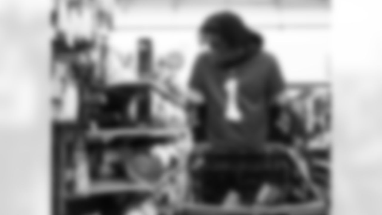 Detroit Lions wide receiver Jameson Williams (1) shopping through the aisles during Shop with a Lion at Meijer on Dec. 8, 2025 in Detroit. (Izzy Rincon/Detroit Lions)