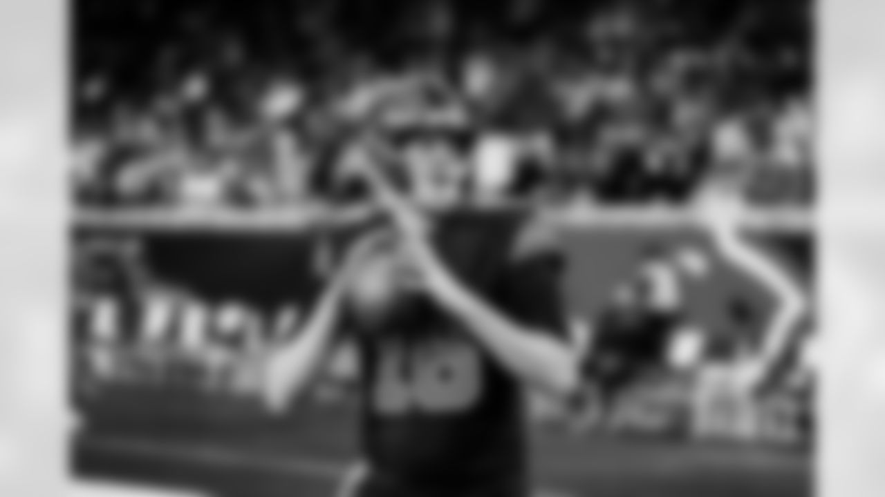 Detroit Lions quarterback Jared Goff (16) before to an NFL football game against the New York Giants on Sunday, Nov. 23, 2025 in Detroit. (Jeff Nguyen/Detroit Lions via AP)