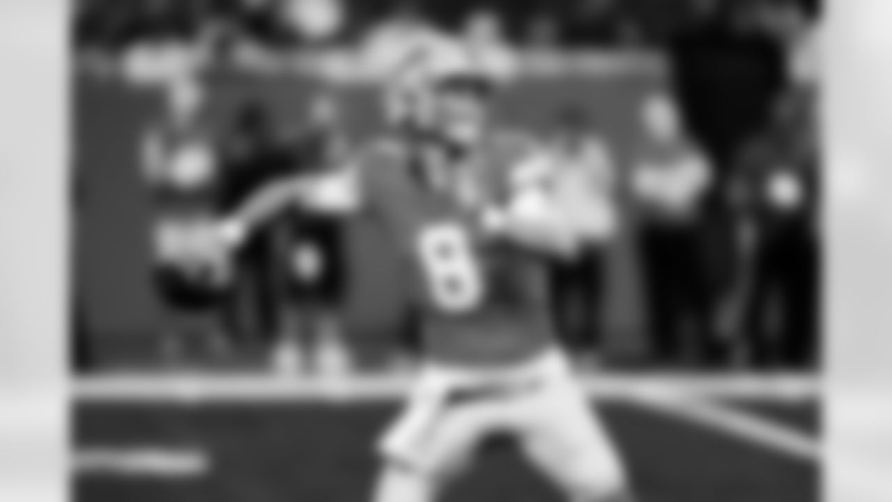 Detroit Lions quarterback Kyle Allen (8) during an NFL football game against the Miami Dolphins, Saturday, August 16 in Detroit. (Jeff Nguyen/Detroit Lions via AP)