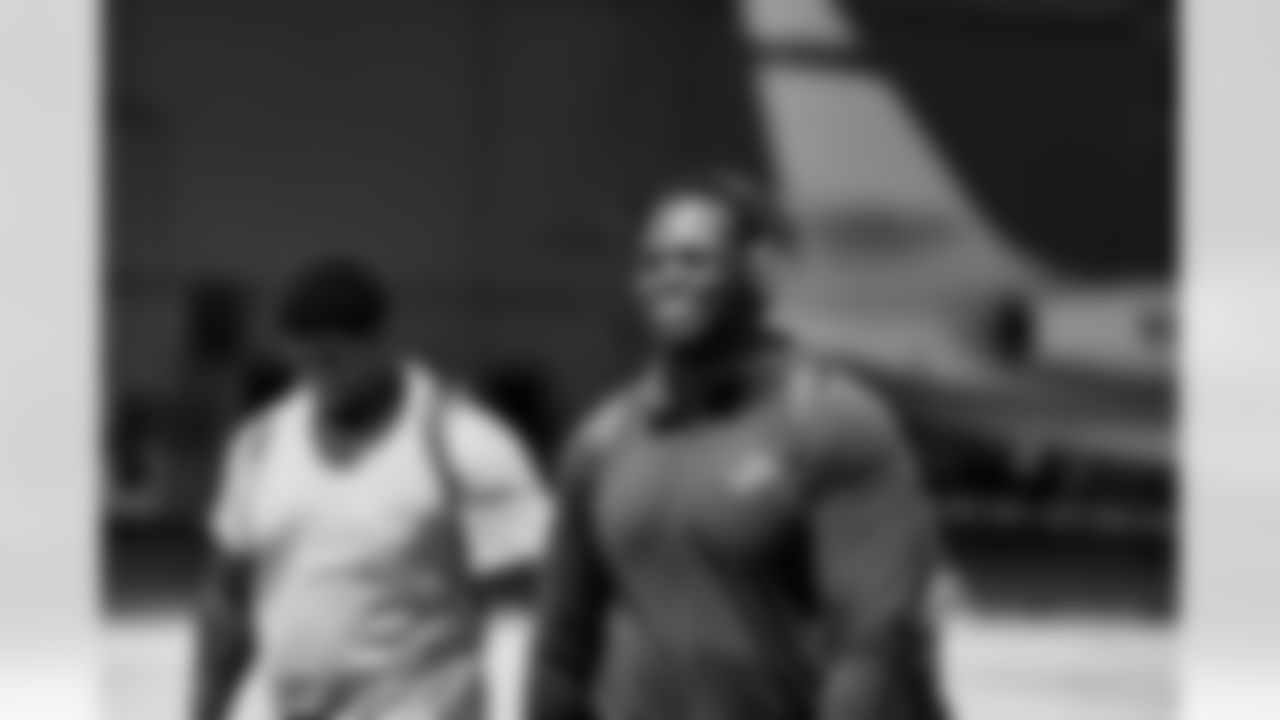 Detroit Lions guard Kayode Awosika (74) travels to Atlanta on Aug. 7, 2025. (Jeff Nguyen/Detroit Lions via AP)