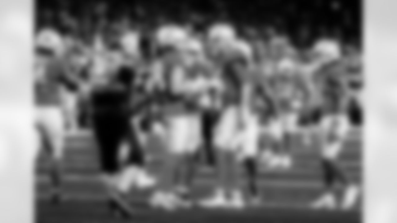 Detroit Lions wide receiver Isaac TeSlaa (18) and Detroit Lions quarterback Jared Goff (16) celebrate after a touchdown during an NFL football game against the Green Bay Packers on Thursday, Nov. 27, 2025 in Detroit. (Jeff Nguyen/Detroit Lions via AP)