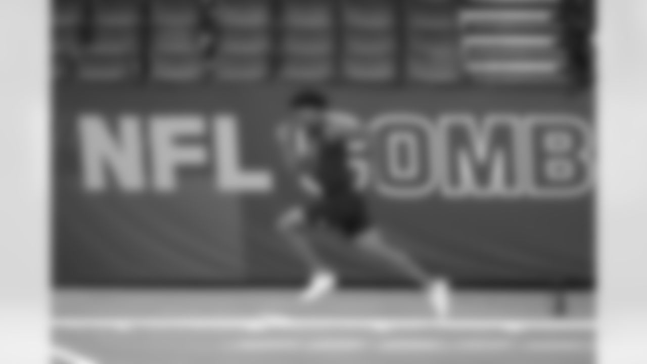 California defensive back Hezekiah Masses (19) runs the 40-yard dash at the NFL football scouting combine in Indianapolis, Friday, Feb. 27, 2026. (AP Photo/Julio Cortez)