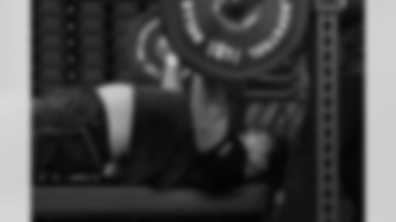 Arkansas offensive lineman Fernando Carmona (12) lifts weights at the NFL football scouting combine in Indianapolis, Monday, March 2, 2026. (AP Photo/Eric Gay)