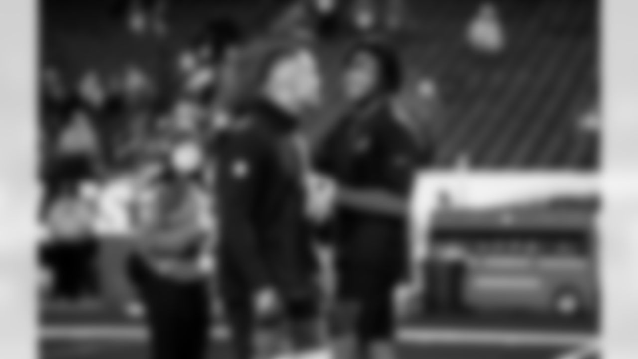 Detroit Lions wide receiver Amon-Ra St. Brown (14) and Detroit Lions wide receiver Jameson Williams (1) before an NFL football game against the Philadelphia Eagles on Sunday, Nov. 16, 2025 in Philadelphia. (Jeff Nguyen/Detroit Lions via AP)