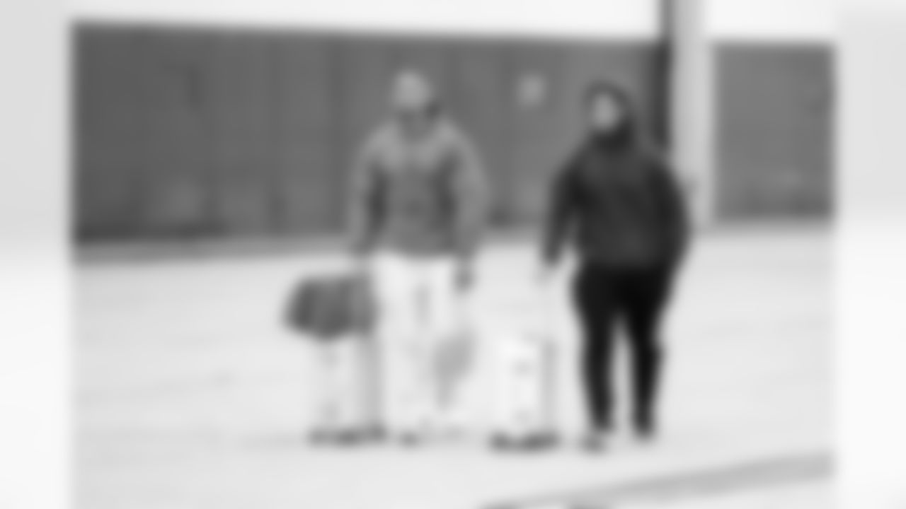 Detroit Lions wide receiver Amon-Ra St. Brown (14) and Detroit Lions running back Craig Reynolds (13) travels to Philadelphia on Nov. 15, 2025. (Jeff Nguyen/Detroit Lions via AP)