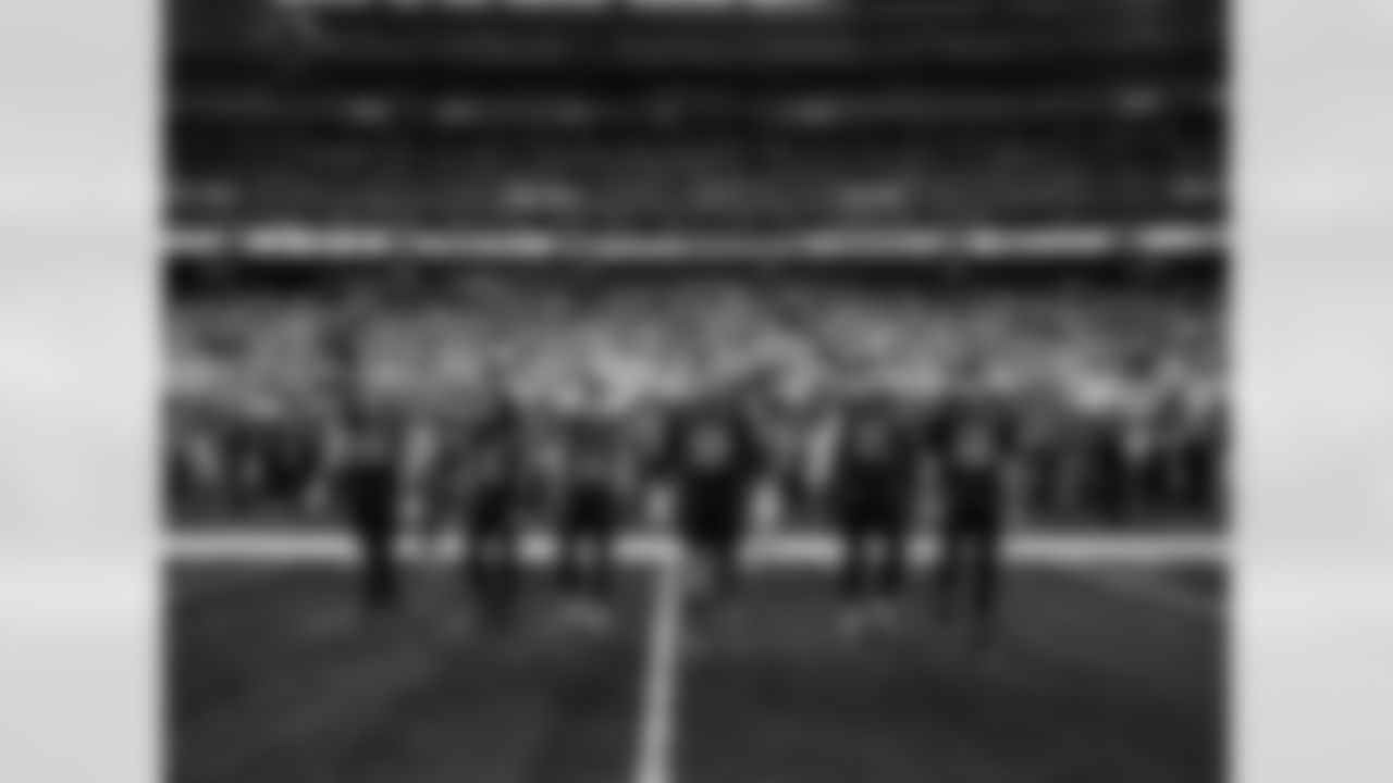 Detroit Lions linebacker Jack Campbell (46), Detroit Lions running back Jahmyr Gibbs (0), Detroit Lions wide receiver Amon-Ra St. Brown (14), Detroit Lions tackle Penei Sewell (58), Detroit Lions edge rusher Aidan Hutchinson (97), and Detroit Lions quarterback Jared Goff (16) before an NFL football game against the Minnesota Vikings on Thursday, Dec. 25, 2025 in Minneapolis. (Jeff Nguyen/Detroit Lions via AP)