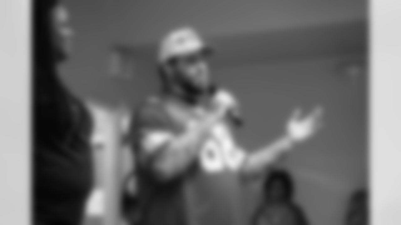 Detroit Lions tackle Taylor Decker (68) speaking during a Thanksgiving lunch event at Alternatives For Girls on Nov. 28, 2025 in Detroit. (Izzy Rincon/Detroit Lions)