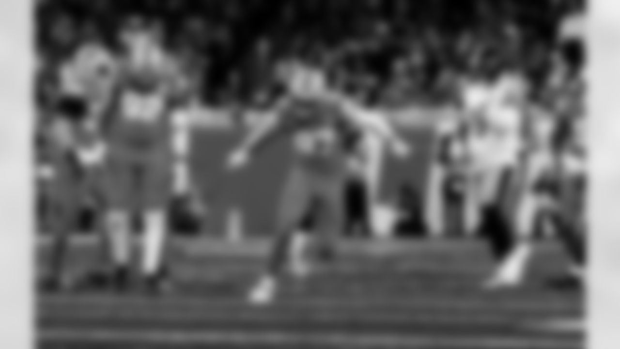 Detroit Lions edge rusher Aidan Hutchinson (97) celebrates after a sack during an NFL football game against the Pittsburgh Steelers on Sunday, Dec. 21, 2025 in Detroit. (Jeff Nguyen/Detroit Lions via AP)