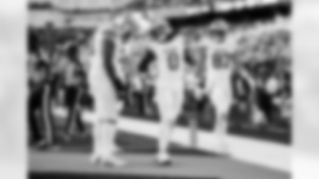 Detroit Lions offensive lineman Christian Mahogany (73), Detroit Lions running back Jahmyr Gibbs (0), and Detroit Lions tight end Sam LaPorta (87) celebrate after a touchdown during an NFL football game against the Cincinnati Bengals on Sunday, Oct. 5, 2025 in Cincinnati. (Jeff Nguyen/Detroit Lions via AP)