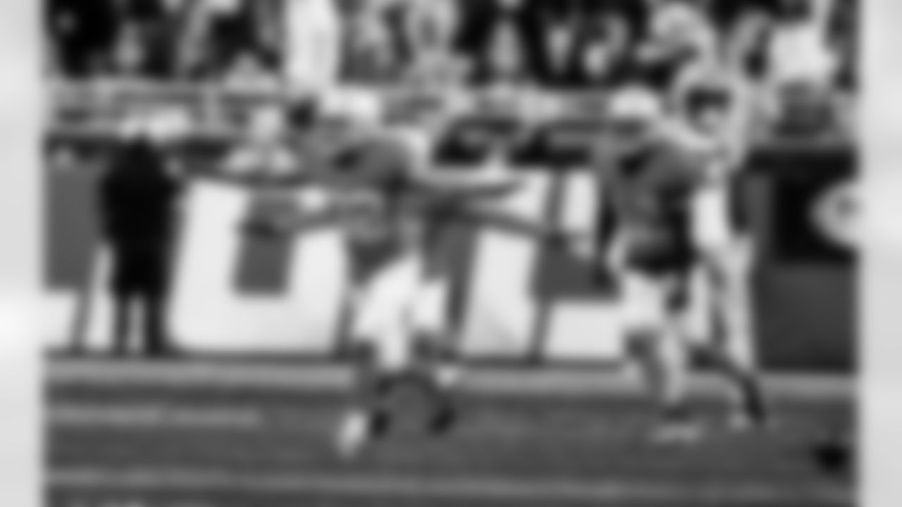 Detroit Lions defensive back Brian Branch (32) and Detroit Lions safety Thomas Harper (12) during an NFL football game against the Green Bay Packers on Thursday, Nov. 27, 2025 in Detroit. (Jeff Nguyen/Detroit Lions via AP)