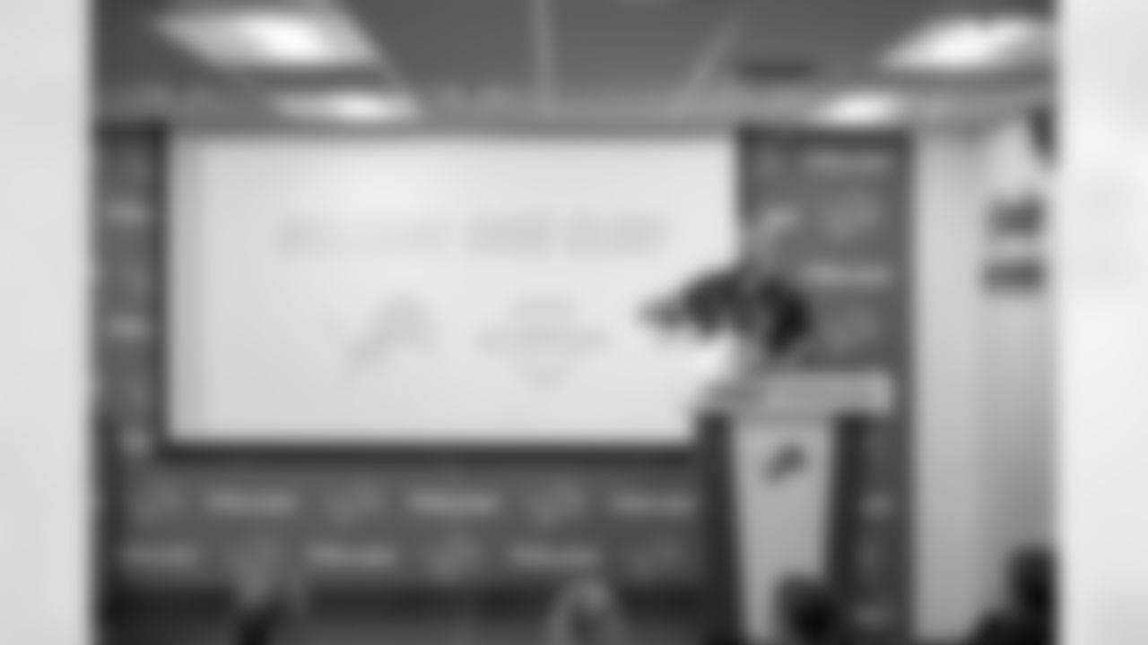 East Jordan Shoe Club Founder Matt Hamilton speaks to students before a shoe design competition event at the Meijer Performance Center on Sept. 27, 2025 in Allen Park, Mich. (Carl Jones II/Detroit Lions via AP)