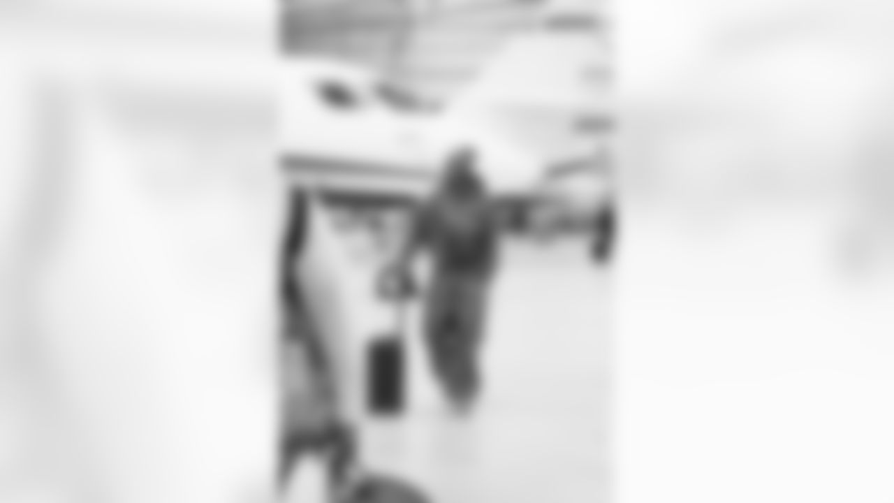 Detroit Lions edge rusher Al-Quadin Muhammad (96) travels to Los Angeles on Nov. 13, 2025. (Jeff Nguyen/Detroit Lions via AP)