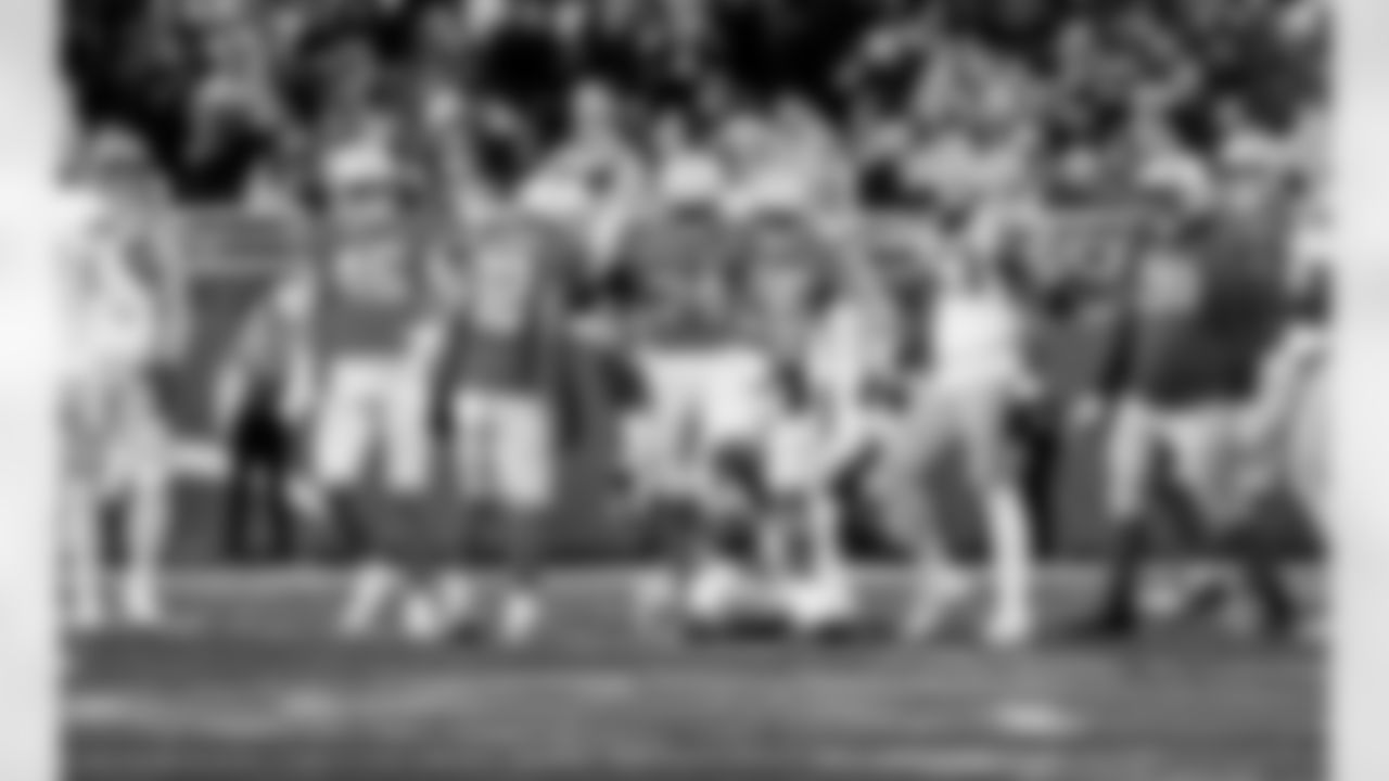 Detroit Lions linebacker Jack Campbell (46), Detroit Lions defensive back Brian Branch (32), Detroit Lions linebacker Alex Anzalone (34), Detroit Lions linebacker Derrick Barnes (55), and Detroit Lions defensive lineman Tyleik Williams (91) during an NFL football game against the Green Bay Packers on Thursday, Nov. 27, 2025 in Detroit. (Jeff Nguyen/Detroit Lions via AP)