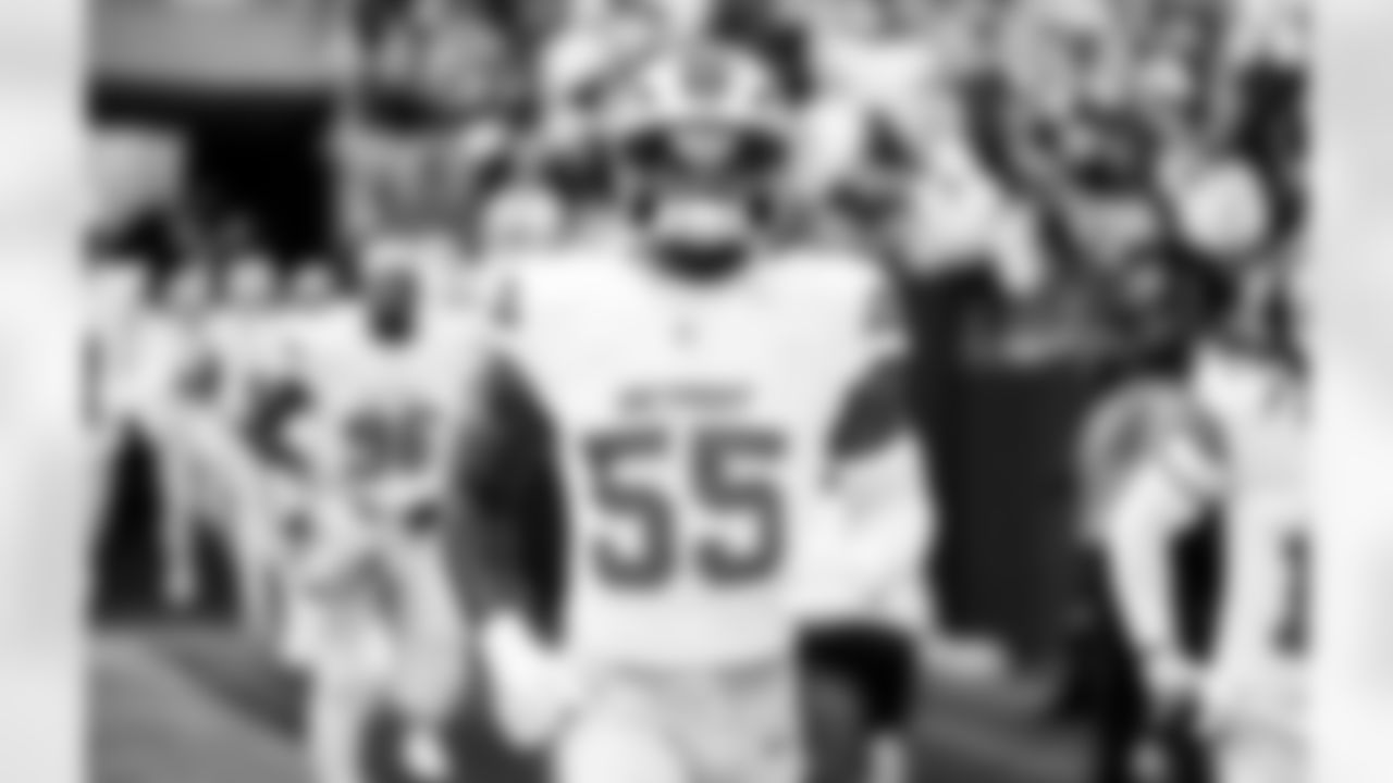 Detroit Lions linebacker Derrick Barnes (55) before an NFL football game against the Washington Commanders on Sunday, Nov. 9, 2025 in Landover, Md. (Jeff Nguyen/Detroit Lions via AP)