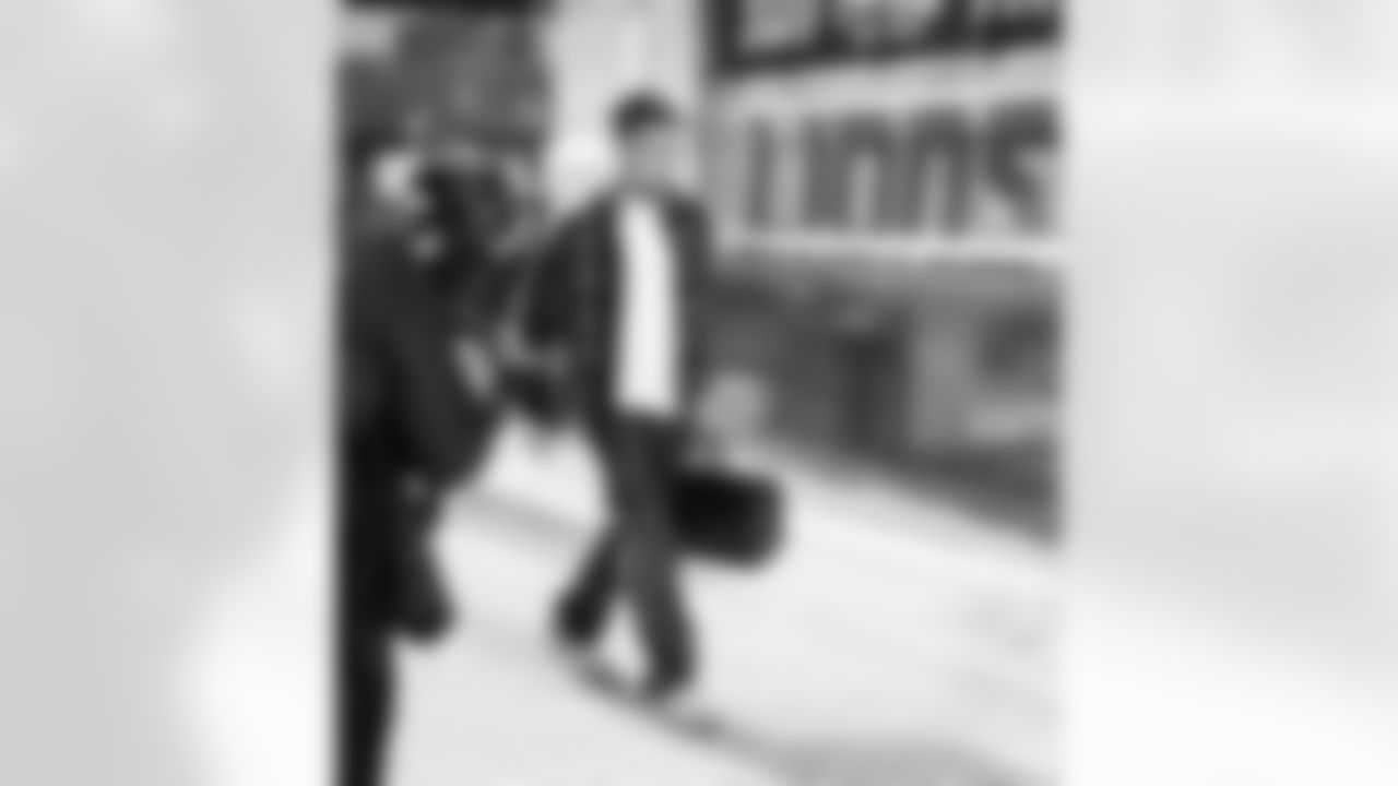 Detroit Lions wide receiver Amon-Ra St. Brown (14) arrives to an NFL football game against the New York Giants on Sunday, Nov. 23, 2025 in Detroit. (Jeff Nguyen/Detroit Lions via AP)