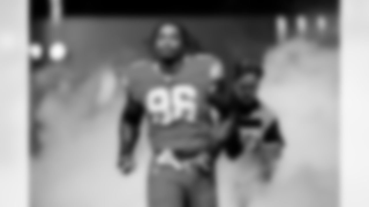 Detroit Lions edge rusher Al-Quadin Muhammad (96) before an NFL football game against the Cleveland Browns on Sunday, Sept. 28, 2025 in Detroit. (Jeff Nguyen/Detroit Lions via AP)