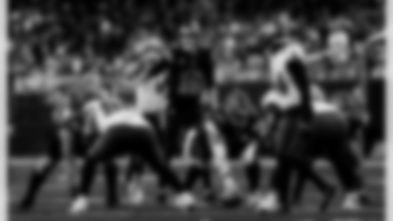 Detroit Lions offensive lineman Tate Ratledge (69), Detroit Lions quarterback Jared Goff (16), and Detroit Lions offensive lineman Graham Glasgow (60) during an NFL football game against the Tampa Bay Buccaneers on Monday, Oct. 20, 2025 in Detroit. (Jeff Nguyen/Detroit Lions via AP)