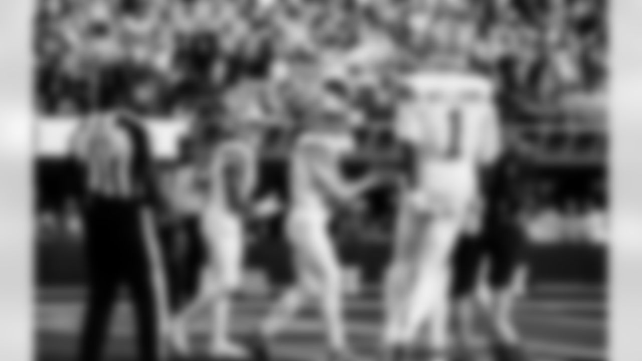 Detroit Lions running back Jahmyr Gibbs (0), Detroit Lions wide receiver Amon-Ra St. Brown (14), and Detroit Lions wide receiver Jameson Williams (1) celebrate after a touchdown during an NFL football game against the Los Angeles Rams on Sunday, Dec. 14, 2025 in Inglewood, Calif. (Jeff Nguyen/Detroit Lions via AP)