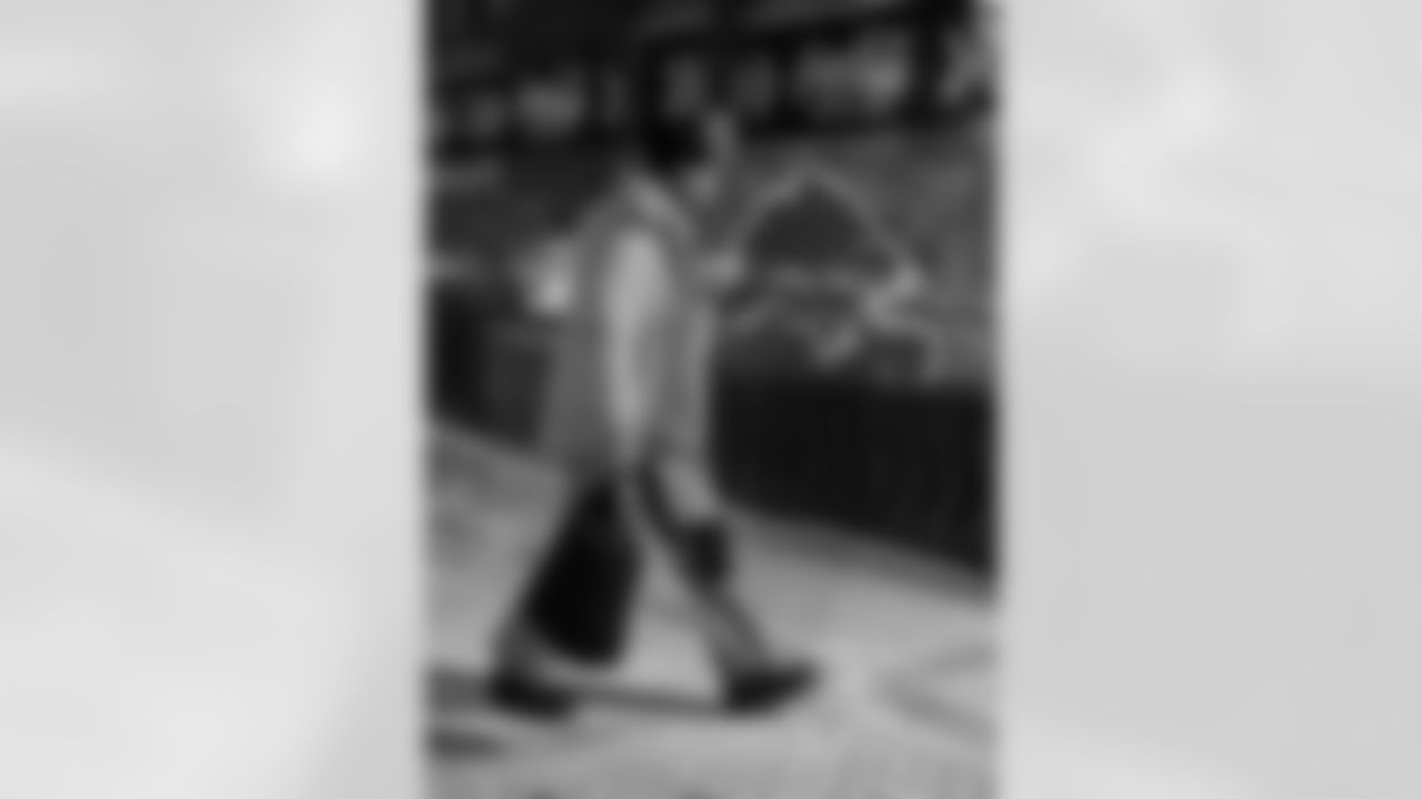 Detroit Lions edge rusher Al-Quadin Muhammad (96) arrives to an NFL football game against the Dallas Cowboys on Thursday, Dec. 4, 2025 in Detroit. (Jeff Nguyen/Detroit Lions via AP)