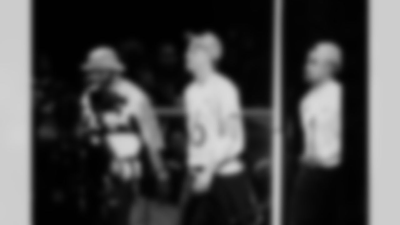 NFC quarterbacks Dak Prescott (4), of the Dallas Cowboys, Jared Goff (16), of Detroit Lions, and quarterback Jalen Hurts (1), of the Philadelphia Eagles, are introduced before the NFL Pro Bowl football game against the AFC, Tuesday, Feb. 3, 2026, in San Francisco. (AP Photo/Godofredo A. Vásquez)