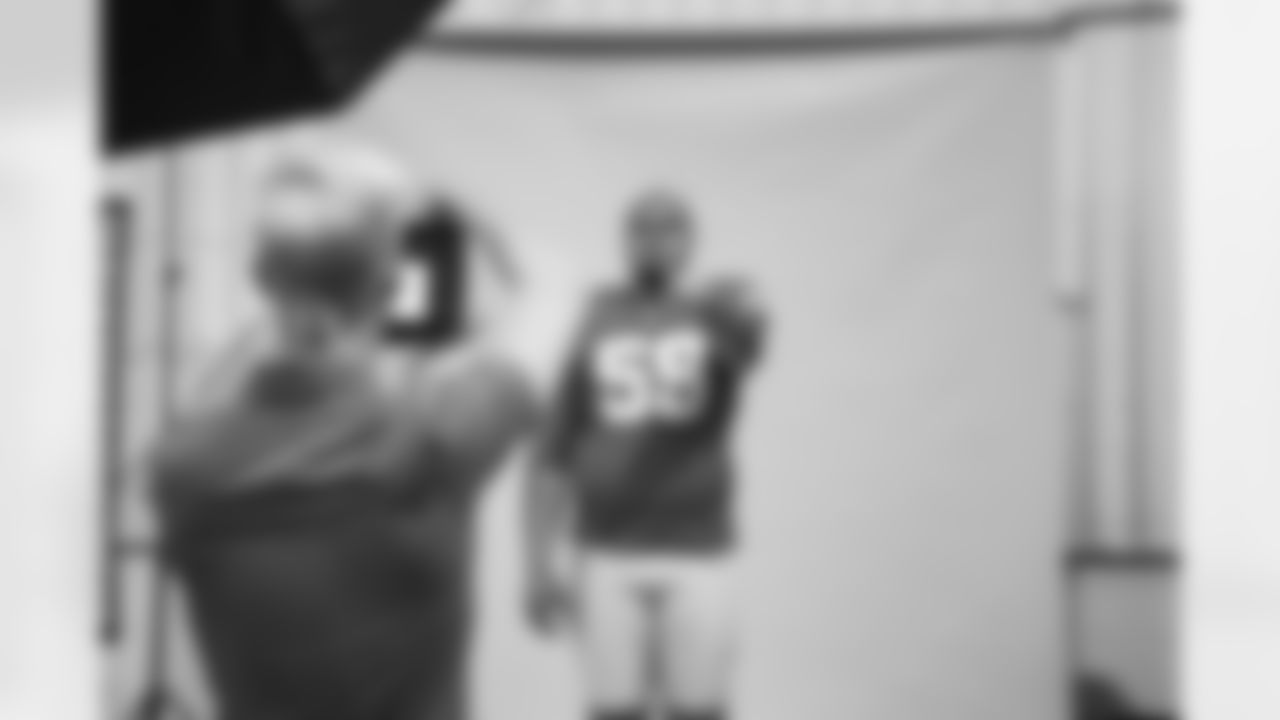 Detroit Lions offensive lineman Giovanni Manu (59) posing on set during the 2025 media day at the Meijer Performance Center on June 2, 2025 in Allen Park, Mich. (Katie Quinlan/Detroit Lions)