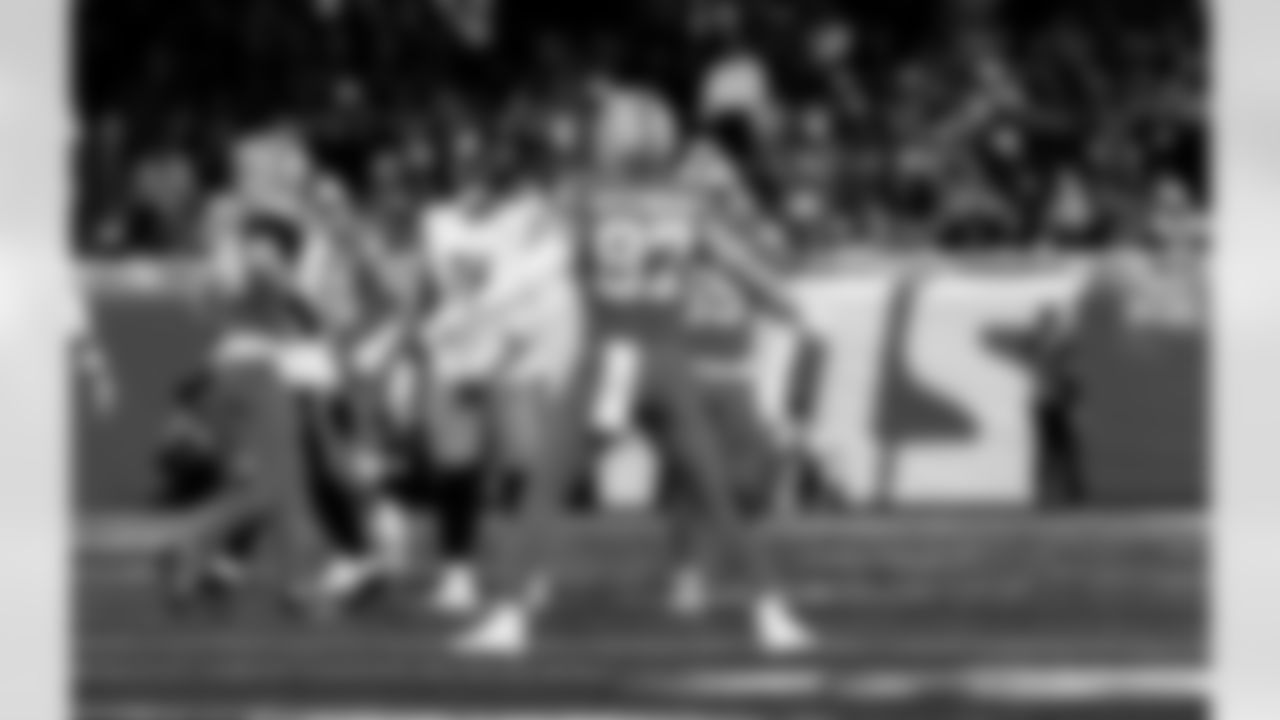 Detroit Lions edge rusher Aidan Hutchinson (97) celebrates after a sack during an NFL football game against the Pittsburgh Steelers on Sunday, Dec. 21, 2025 in Detroit. (Jeff Nguyen/Detroit Lions via AP)