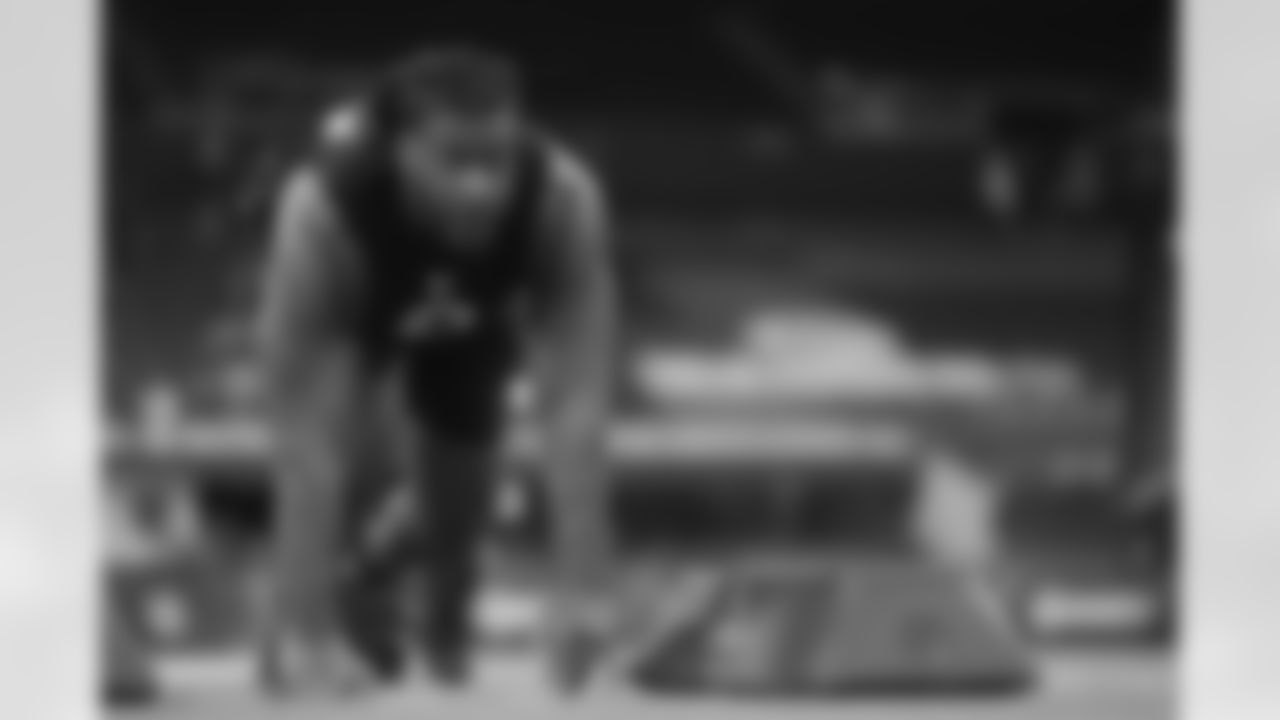 South Carolina defensive lineman Nick Barrett (03) runs a drill at the NFL football scouting combine in Indianapolis, Thursday, Feb. 26, 2026. (AP Photo/Michael Conroy)