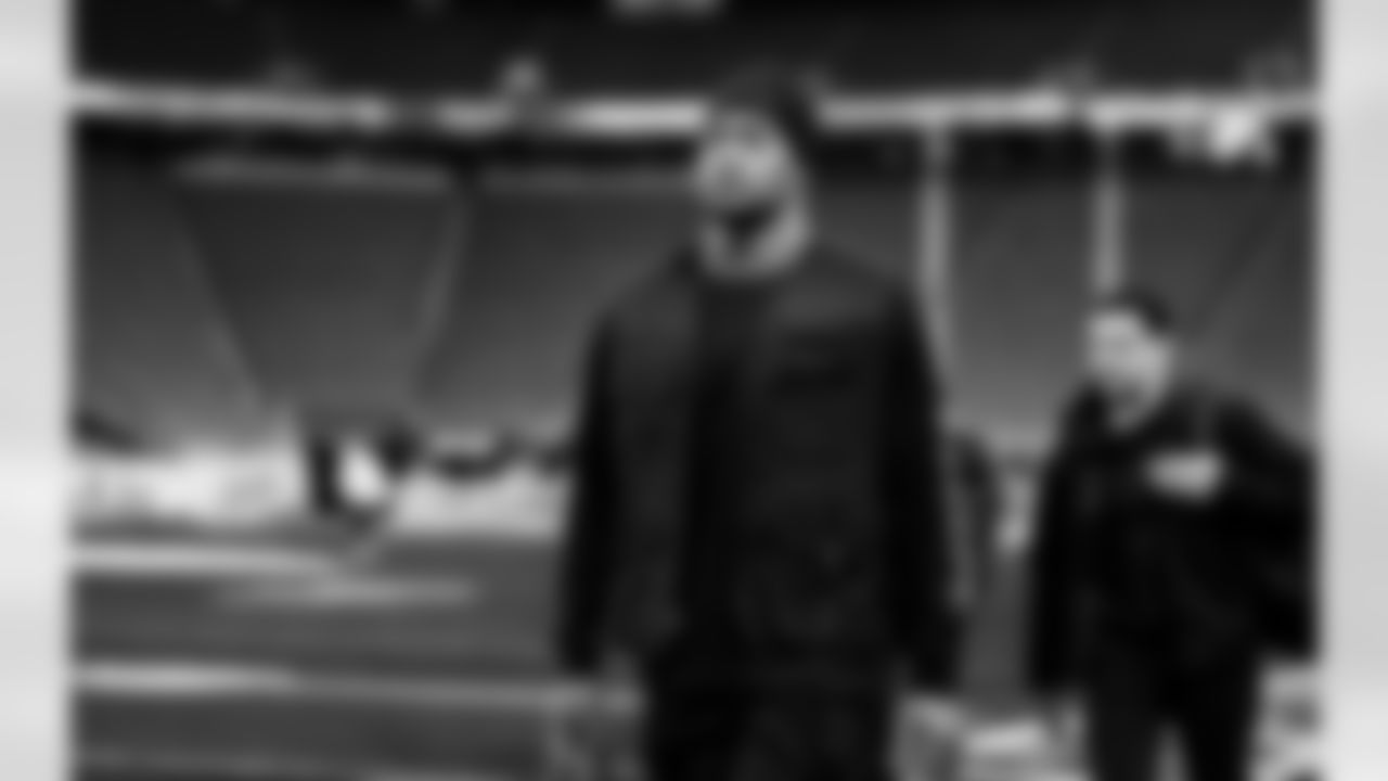 Detroit Lions linebacker Derrick Barnes (55) arrives to an NFL football game against the Minnesota Vikings on Thursday, Dec. 25, 2025 in Minneapolis. (Jeff Nguyen/Detroit Lions via AP)