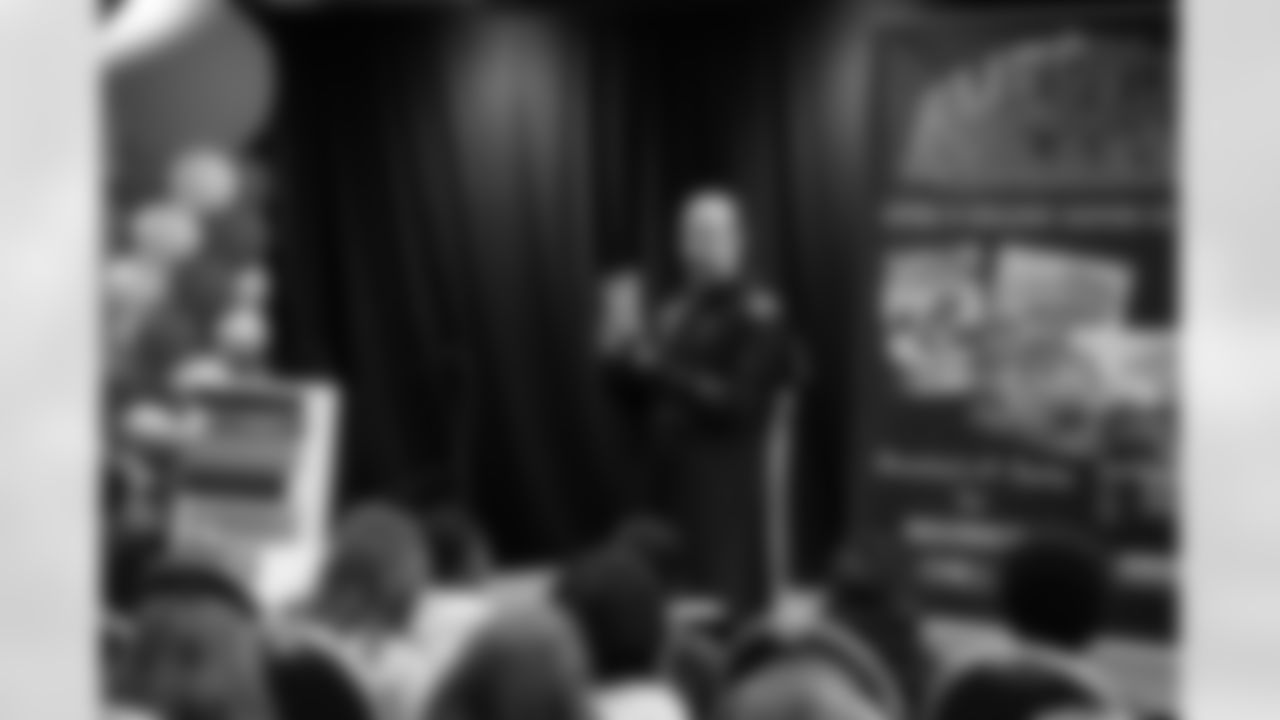 Author Jonathan Rand talking to the students during the One Pride Literacy Fest at Ford Field on Oct. 28, 2025 in Detroit. (Steven Stark/Detroit Lions)