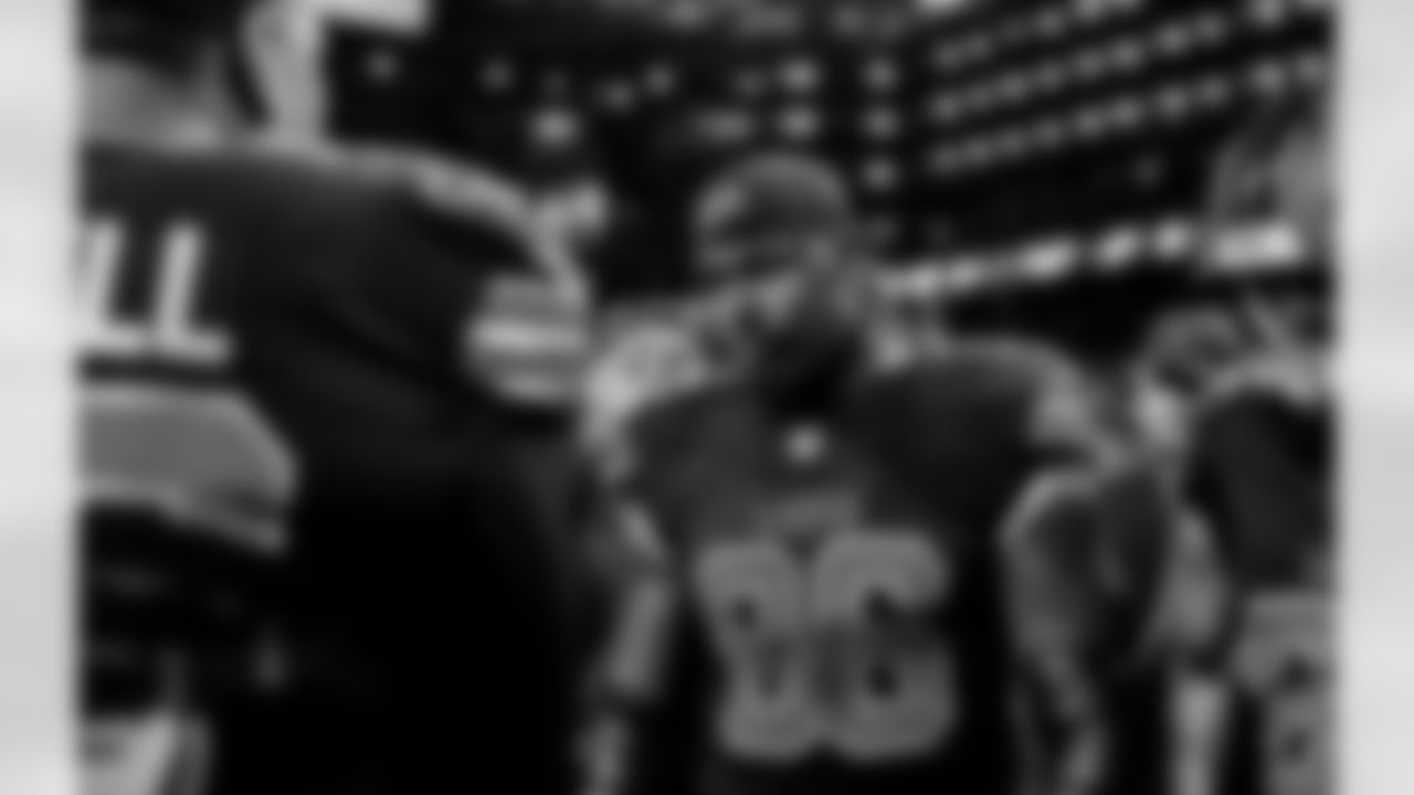 Detroit Lions edge rusher Al-Quadin Muhammad (96) before an NFL football game against the Tampa Bay Buccaneers on Monday, Oct. 20, 2025 in Detroit. (Jeff Nguyen/Detroit Lions via AP)