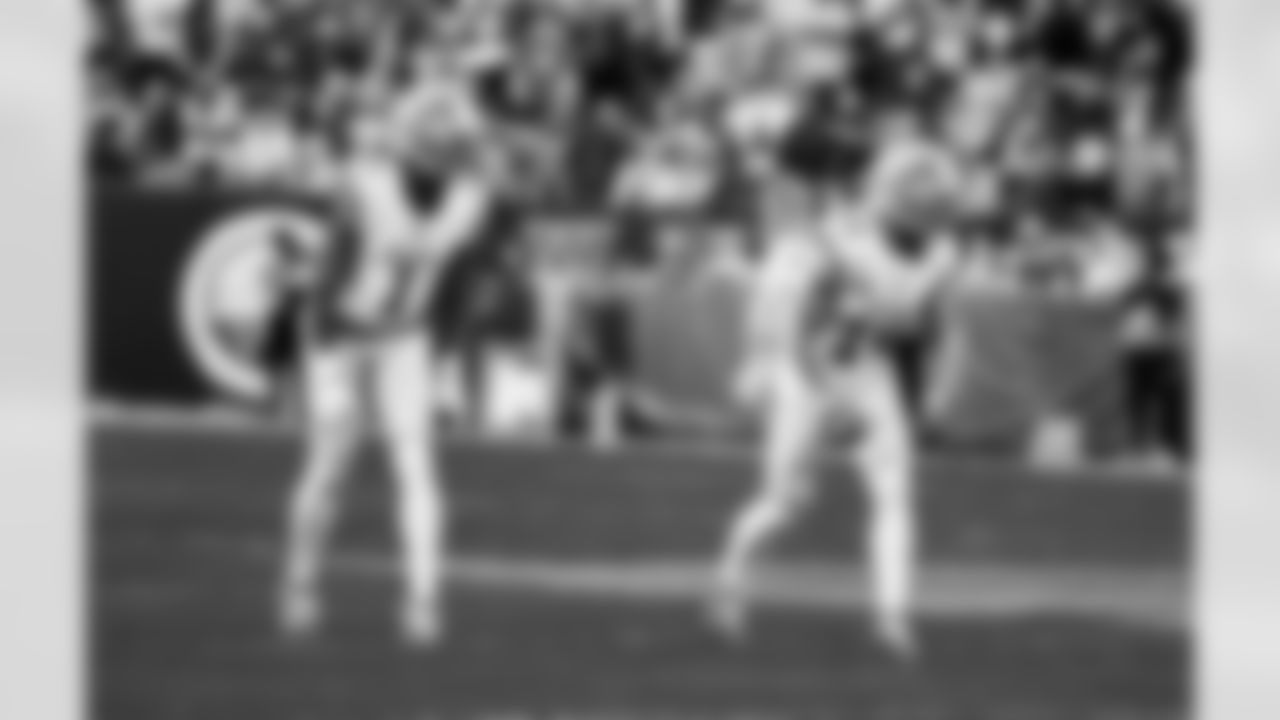 Detroit Lions wide receiver Jameson Williams (1) and Detroit Lions wide receiver Amon-Ra St. Brown (14) during an NFL football game against the Washington Commanders on Sunday, Nov. 9, 2025 in Landover, Md. (Jeff Nguyen/Detroit Lions via AP)