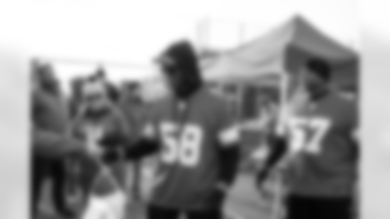 Lions Legend George Jamison (58) and Lions Legend Tim Walton (57) during a Thanksgiving meal distribution event at the Detroit Lions Academy on Nov. 19, 2025 in Detroit. (Carl Jones II/Detroit Lions)