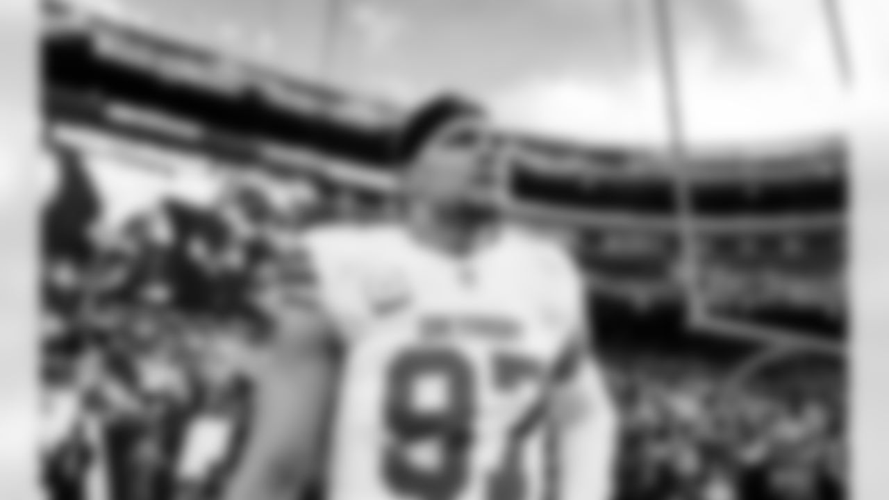 Detroit Lions edge rusher Aidan Hutchinson (97) before an NFL football game against the Washington Commanders on Sunday, Nov. 9, 2025 in Landover, Md. (Jeff Nguyen/Detroit Lions via AP)