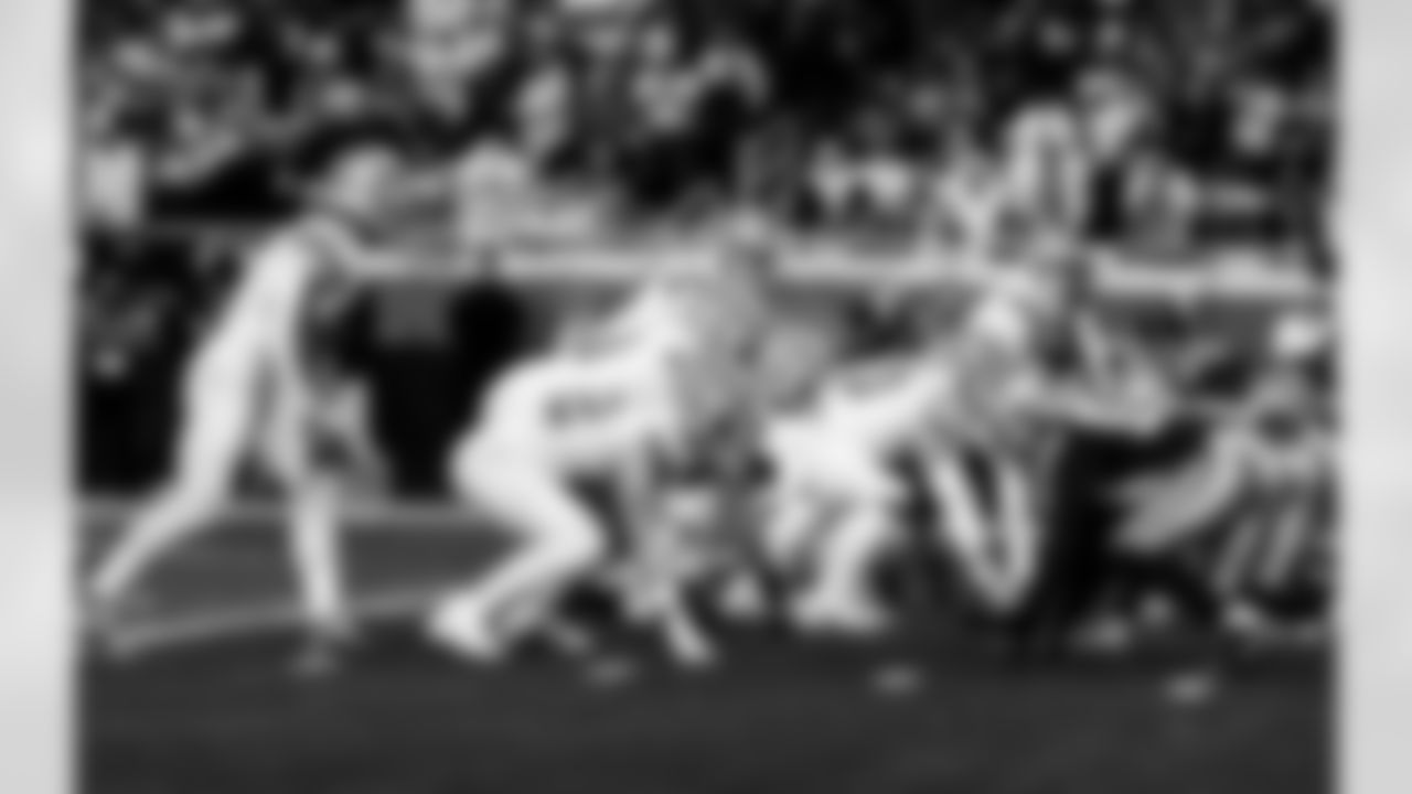 Detroit Lions wide receiver Amon-Ra St. Brown (14), /Detroit Lions tight end Ross Dwelley (82), Detroit Lions quarterback Jared Goff (16) and Detroit Lions offensive lineman Graham Glasgow (60) during an NFL football game against the Dallas Cowboys on Thursday, Dec. 4, 2025 in Detroit. (Jeff Nguyen/Detroit Lions via AP)