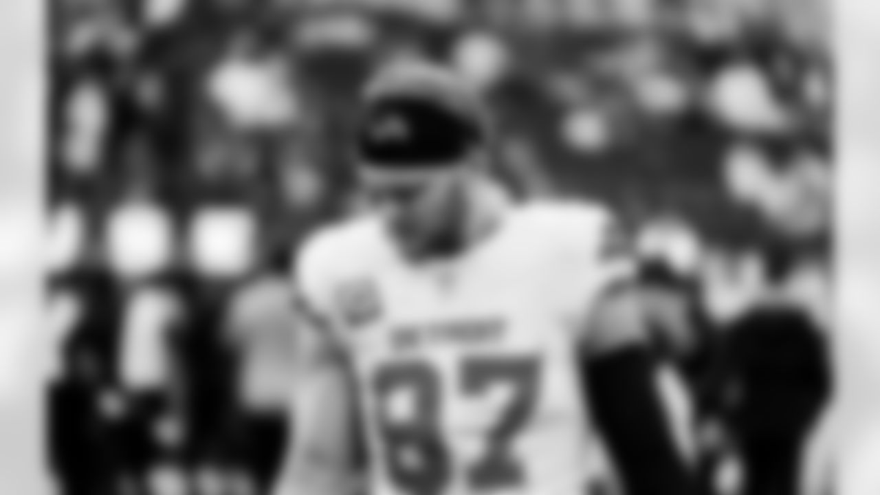 Detroit Lions edge rusher Aidan Hutchinson (97) before an NFL football game against the Los Angeles Rams on Sunday, Dec. 14, 2025 in Inglewood, Calif. (Jeff Nguyen/Detroit Lions via AP)