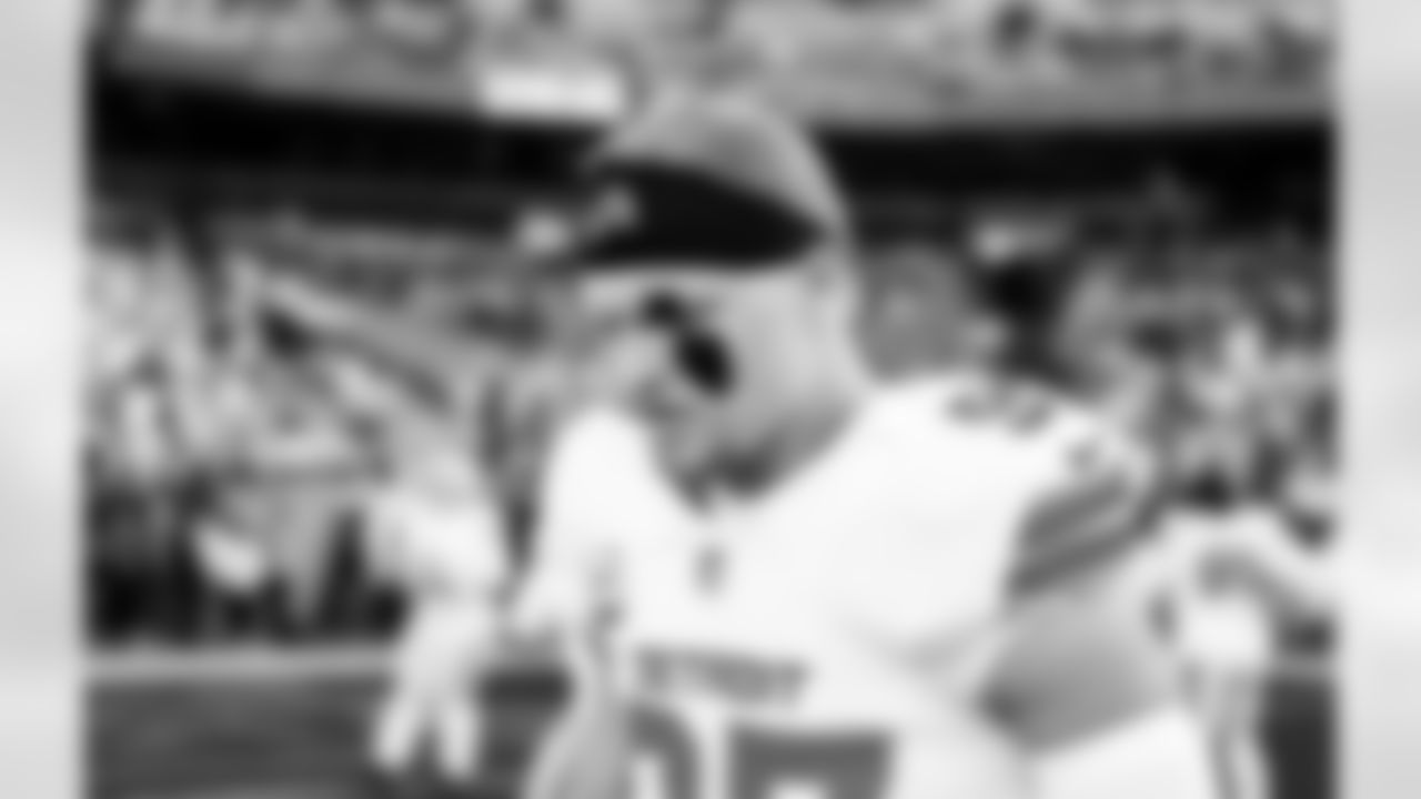 Detroit Lions edge rusher Aidan Hutchinson (97) before an NFL football game against the Washington Commanders on Sunday, Nov. 9, 2025 in Landover, Md. (Jeff Nguyen/Detroit Lions via AP)