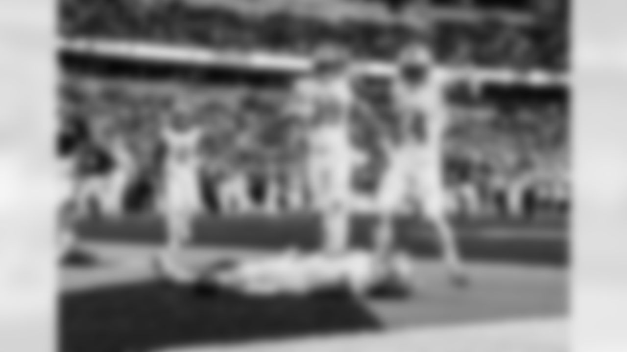Detroit Lions wide receiver Isaac TeSlaa (18), Detroit Lions tight end Brock Wright (89), and Detroit Lions wide receiver Amon-Ra St. Brown (14) celebrate after a touchdown during an NFL football game against the Cincinnati Bengals on Sunday, Oct. 5, 2025 in Cincinnati. (Jeff Nguyen/Detroit Lions via AP)