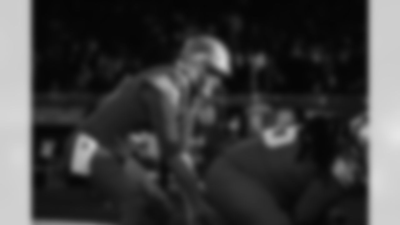 Detroit Lions quarterback Jared Goff (16) and Detroit Lions center Kingsley Eguakun (65) before an NFL football game against the Pittsburgh Steelers on Sunday, Dec. 21, 2025 in Detroit. (Jeff Nguyen/Detroit Lions via AP)