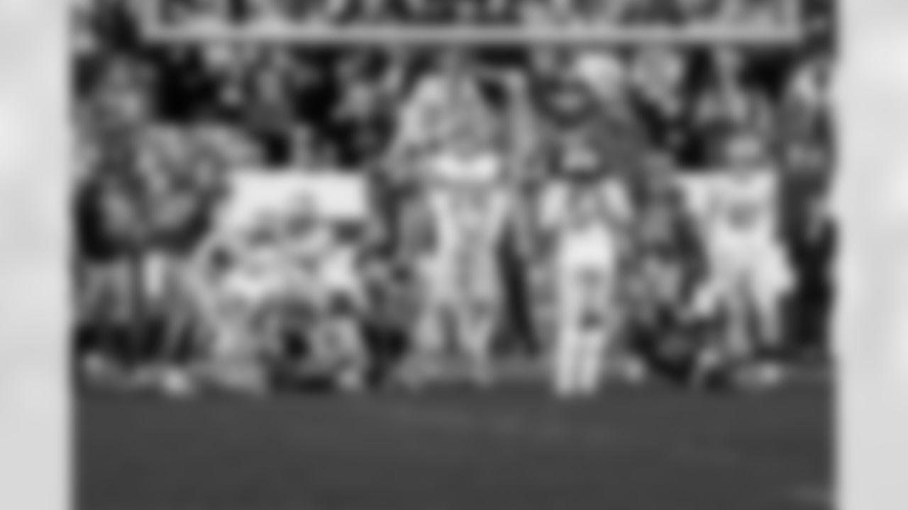 Detroit Lions defensive lineman Tyler Lacy (78) celebrates during an NFL football game against the Washington Commanders on Sunday, Nov. 9, 2025 in Landover, Md. (Jeff Nguyen/Detroit Lions via AP)
