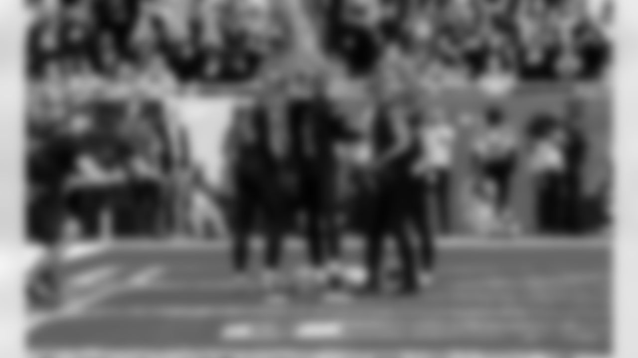 Detroit Lions wide receiver Amon-Ra St. Brown (14), Detroit Lions wide receiver Jameson Williams (1), and Detroit Lions running back David Montgomery (5) after a touchdown during an NFL football game against the New York Giants on Sunday, Nov. 23, 2025 in Detroit. (Jeff Nguyen/Detroit Lions via AP)