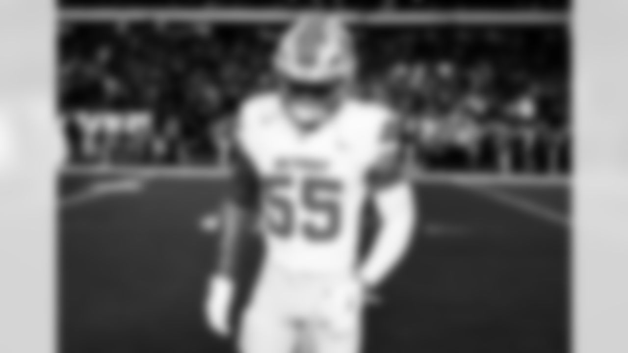 Detroit Lions linebacker Derrick Barnes (55) before an NFL football game against the Philadelphia Eagles on Sunday, Nov. 16, 2025 in Philadelphia. (Jeff Nguyen/Detroit Lions via AP)