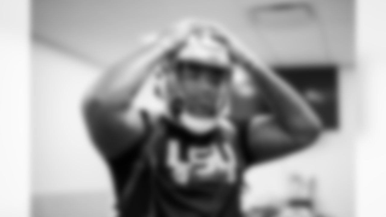 Detroit Lions offensive lineman Miles Frazier gets fitted for equipment at the Meijer Performance Center on May 8, 2025 in Allen Park, Mich. (Jeff Nguyen/Detroit Lions)