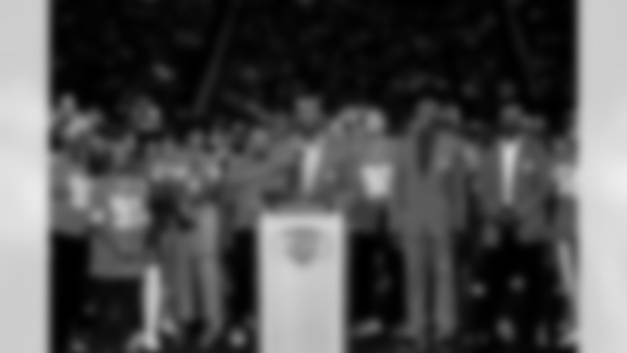 Lions Legend Robert Porcher (91) is honored during the Pride of the Lions Ceremony at halftime during an NFL football game against the Chicago Bears on Sunday, Sept. 14, 2025 in Detroit. (Jeff Nguyen/Detroit Lions via AP)