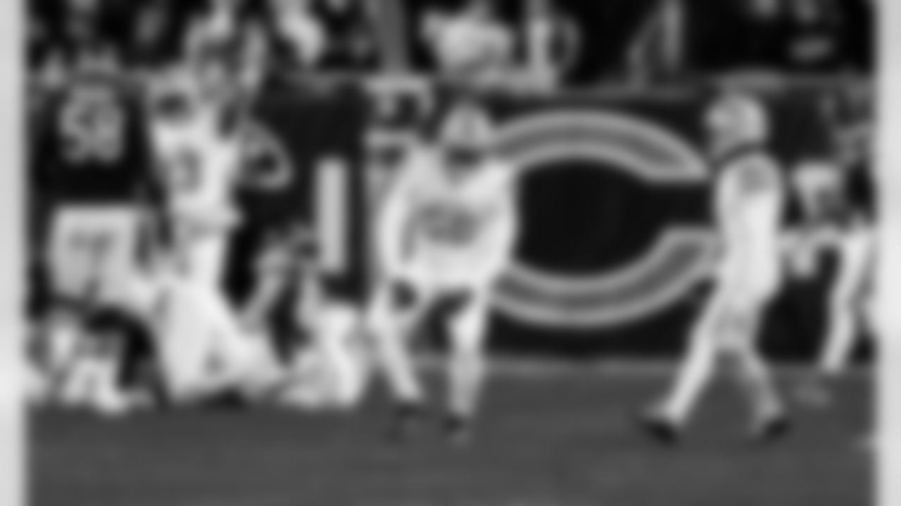 Detroit Lions linebacker Derrick Barnes (55) celebrates after a forced fumble during an NFL football game against the Chicago Bears on Sunday, Jan. 4, 2026 in Chicago. (Jeff Nguyen/Detroit Lions via AP)