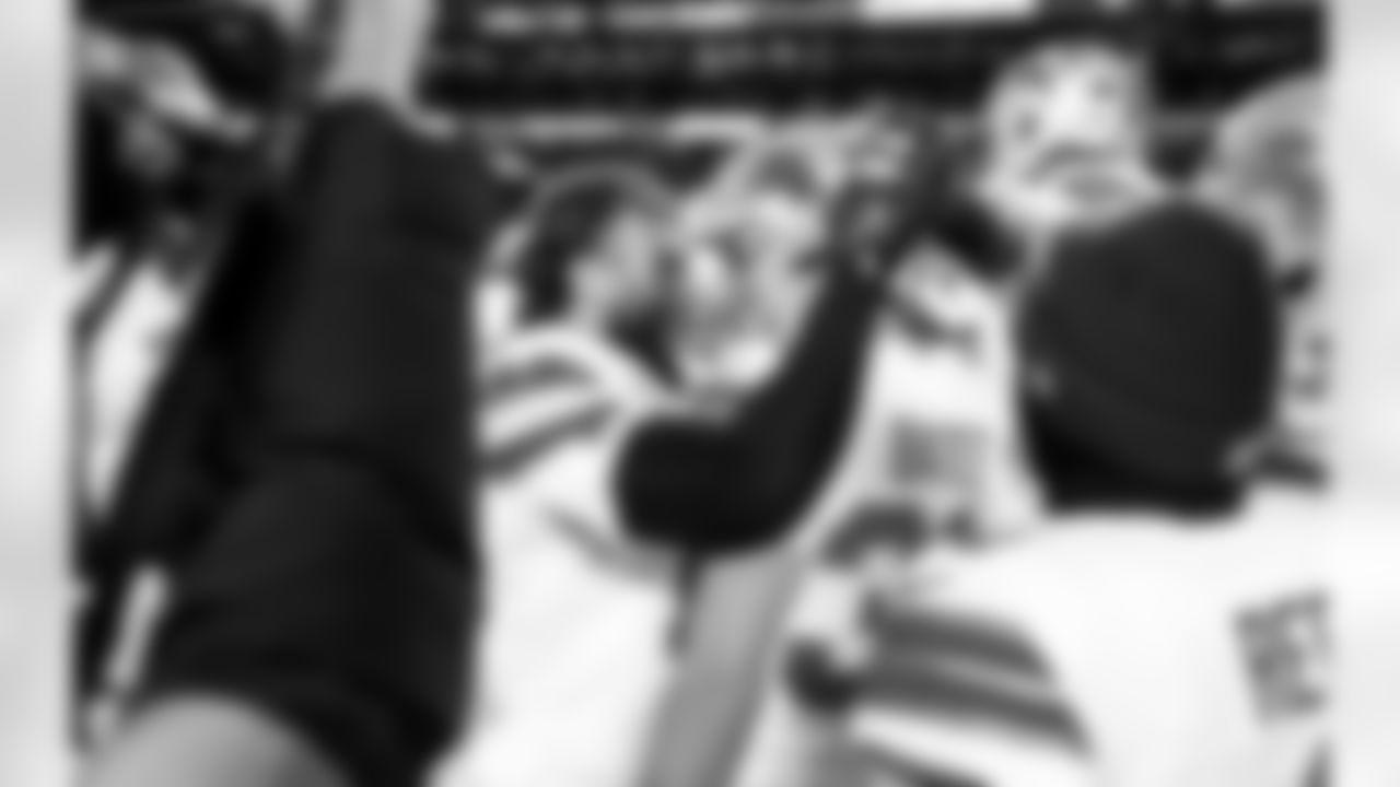 Detroit Lions linebacker Grant Stuard (15) and Detroit Lions kicker Jake Bates (39) after an NFL football game against the Chicago Bears on Sunday, Jan. 4, 2026 in Chicago. (Jeff Nguyen/Detroit Lions via AP)