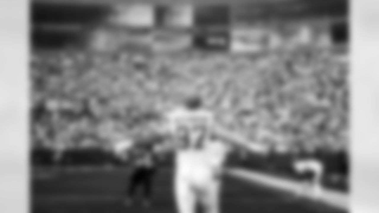 Detroit Lions edge rusher Aidan Hutchinson (97) before an NFL football game against the Green Bay Packers on Sunday, Sept. 7, 2025, in Green Bay, Wis. (Jeff Nguyen/Detroit Lions via AP)