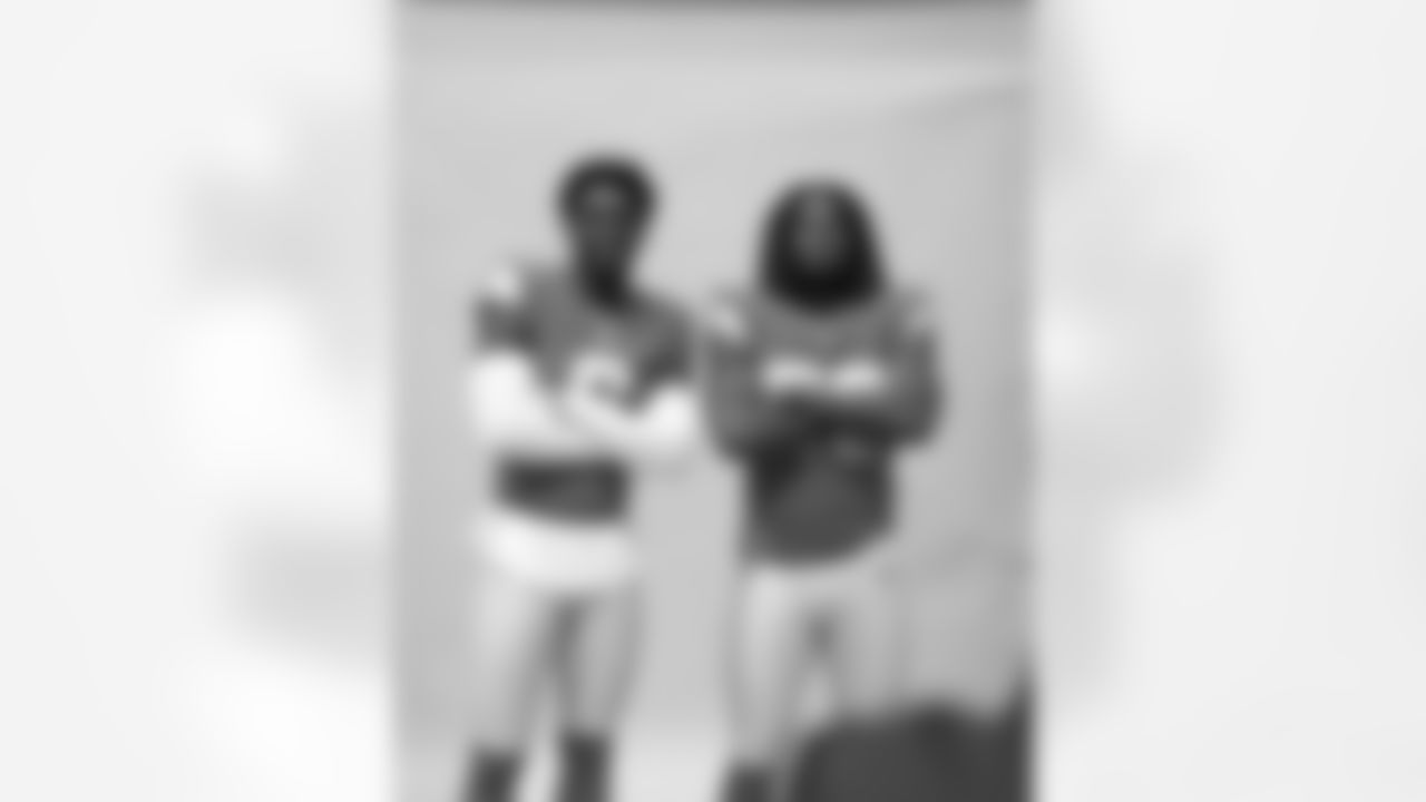 Detroit Lions cornerback Terrion Arnold (6) and Detroit Lions cornerback Morice Norris (26) posing together on set during the 2025 media day at the Meijer Performance Center on June 2, 2025 in Allen Park, Mich. (Katie Quinlan/Detroit Lions)
